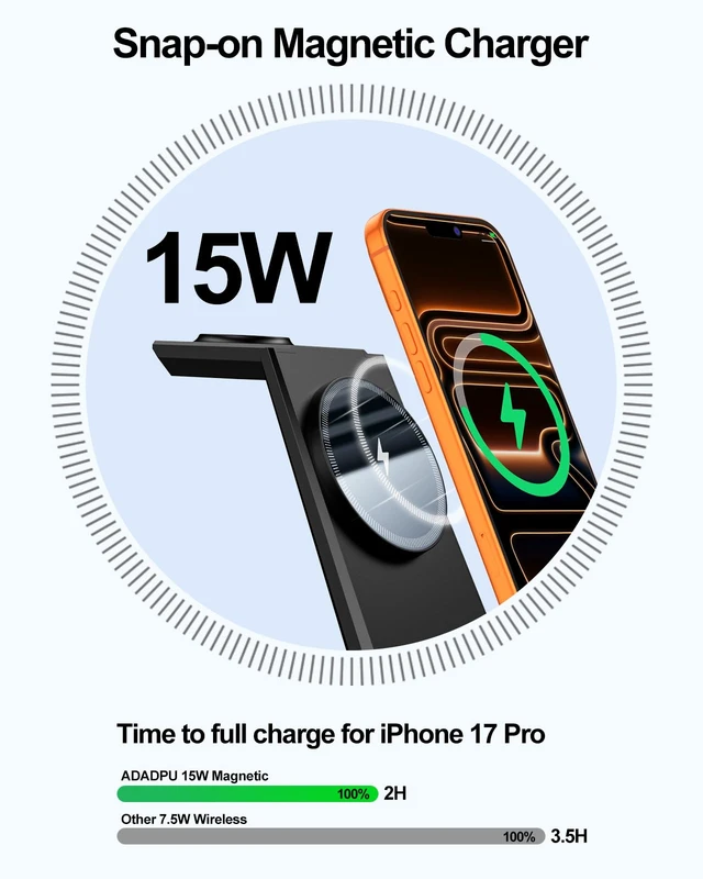 Alt view image 3 of 7 - 3 in 1 Magnetic Wireless Charging Station - 15W Fast Charging for iPhone 17/16/15/14/13/12, Compatible with MagSafe, for Apple Watch & AirPods, Auto-Dimming Light for Nightstand, Includes 30W Adapter