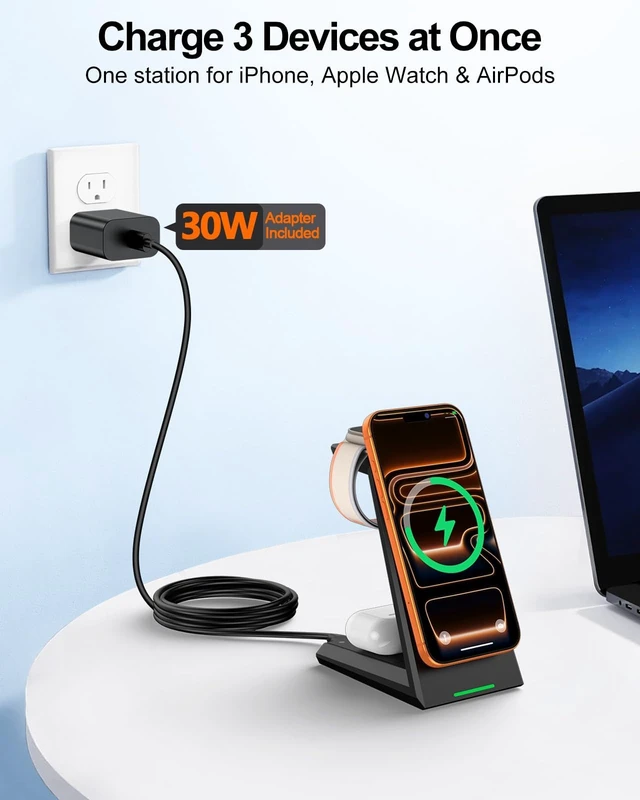 Alt view image 2 of 7 - 3 in 1 Magnetic Wireless Charging Station - 15W Fast Charging for iPhone 17/16/15/14/13/12, Compatible with MagSafe, for Apple Watch & AirPods, Auto-Dimming Light for Nightstand, Includes 30W Adapter