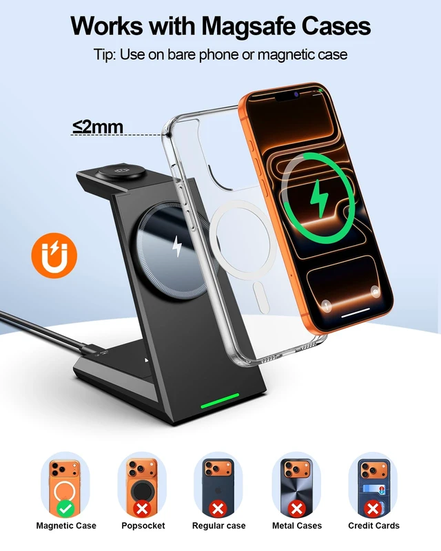 Alt view image 4 of 7 - 3 in 1 Magnetic Wireless Charging Station - 15W Fast Charging for iPhone 17/16/15/14/13/12, Compatible with MagSafe, for Apple Watch & AirPods, Auto-Dimming Light for Nightstand, Includes 30W Adapter