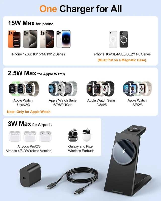 Alt view image 6 of 7 - 3 in 1 Magnetic Wireless Charging Station - 15W Fast Charging for iPhone 17/16/15/14/13/12, Compatible with MagSafe, for Apple Watch & AirPods, Auto-Dimming Light for Nightstand, Includes 30W Adapter