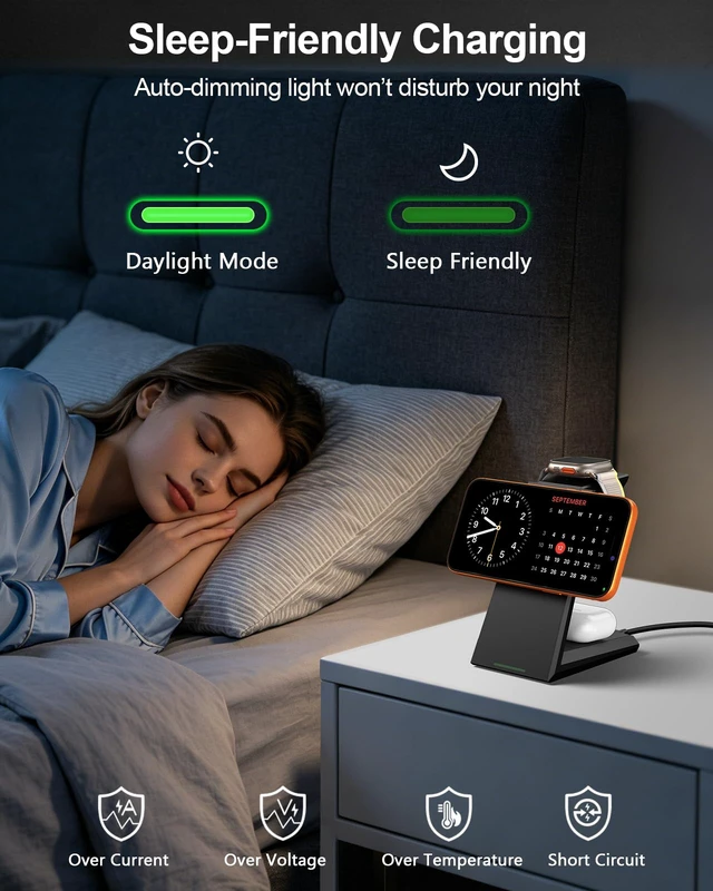 Alt view image 5 of 7 - 3 in 1 Magnetic Wireless Charging Station - 15W Fast Charging for iPhone 17/16/15/14/13/12, Compatible with MagSafe, for Apple Watch & AirPods, Auto-Dimming Light for Nightstand, Includes 30W Adapter