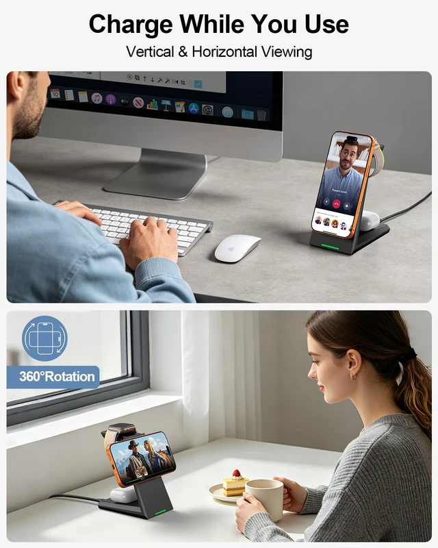 Alt view image 7 of 7 - 3 in 1 Magnetic Wireless Charging Station - 15W Fast Charging for iPhone 17/16/15/14/13/12, Compatible with MagSafe, for Apple Watch & AirPods, Auto-Dimming Light for Nightstand, Includes 30W Adapter