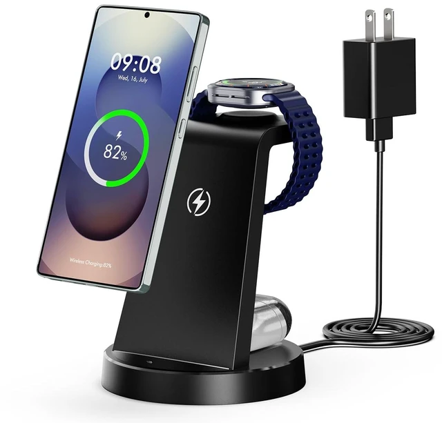 Main image of Wireless Charger for Samsung, 3-in-1 Android Charging Station (Black) | Phone and Watch Charger for Samsung S26/S25/S24/S23/S22, Note 20/10, Z Fold 6/5, Galaxy Buds