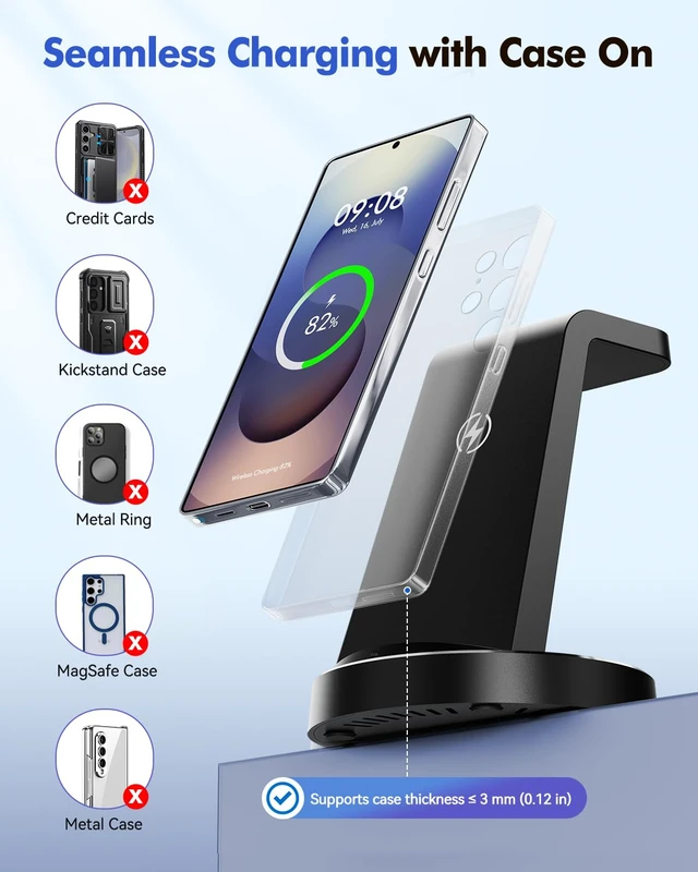 Alt view image 3 of 7 - Wireless Charger for Samsung, 3-in-1 Android Charging Station (Black) | Phone and Watch Charger for Samsung S26/S25/S24/S23/S22, Note 20/10, Z Fold 6/5, Galaxy Buds