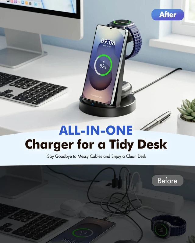 Alt view image 6 of 7 - Wireless Charger for Samsung, 3-in-1 Android Charging Station (Black) | Phone and Watch Charger for Samsung S26/S25/S24/S23/S22, Note 20/10, Z Fold 6/5, Galaxy Buds
