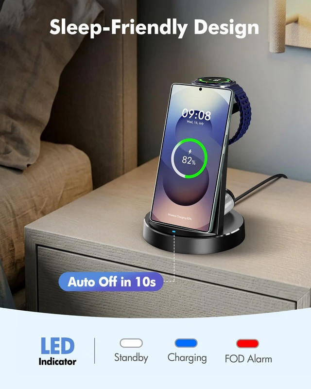 Alt view image 7 of 7 - Wireless Charger for Samsung, 3-in-1 Android Charging Station (Black) | Phone and Watch Charger for Samsung S26/S25/S24/S23/S22, Note 20/10, Z Fold 6/5, Galaxy Buds