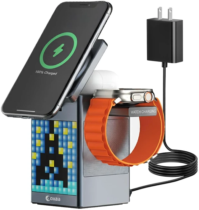Main image of 5-in-1 Wireless Charging Station 15W with Alarm & Speaker Fast Qi Charger for iPhone 15/14/13, Apple Watch & AirPods, Multi-Device Charging Stand for Desk & Bedside (Grey)