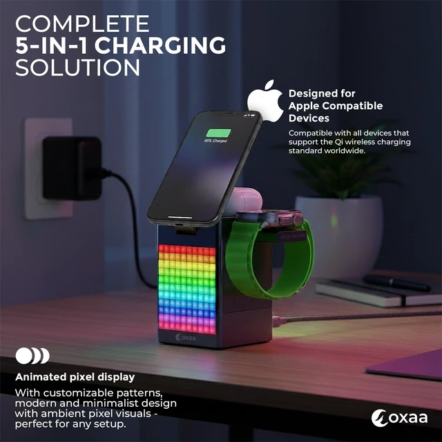 Alt view image 2 of 7 - 5-in-1 Wireless Charging Station 15W with Alarm & Speaker Fast Qi Charger for iPhone 15/14/13, Apple Watch & AirPods, Multi-Device Charging Stand for Desk & Bedside (Grey)