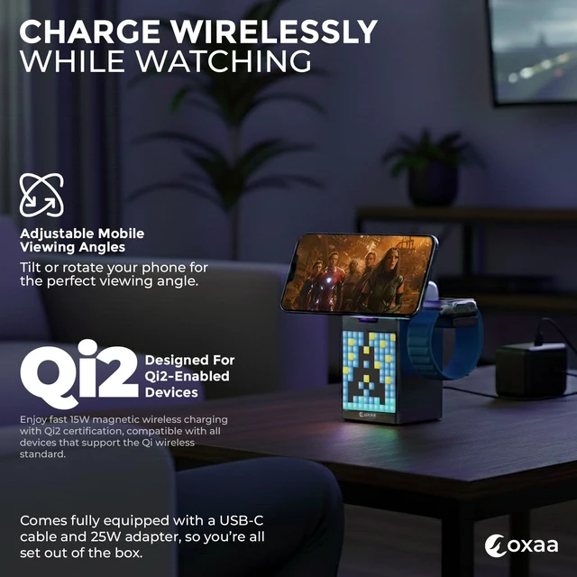 Alt view image 3 of 7 - 5-in-1 Wireless Charging Station 15W with Alarm & Speaker Fast Qi Charger for iPhone 15/14/13, Apple Watch & AirPods, Multi-Device Charging Stand for Desk & Bedside (Grey)