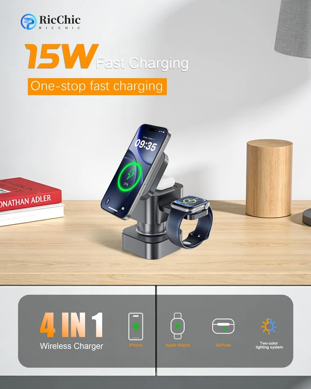 Alt view image 4 of 7 - 2026 4 in 1 Wireless Charging Station for Apple, 15W Fast Magnetic Charger Compatible with Magsafe for iPhone 17 16 15 14 13 12 Pro Max Plus, Apple Watch Series & AirPods 4 3 2 Pro(No Adapter)