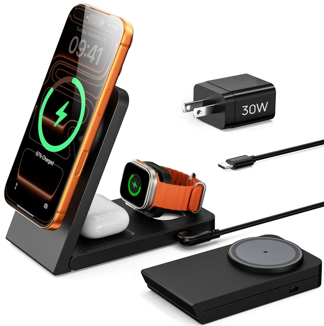 Main image of 15W Travel Charging Station 3 in 1 for MagSafe, Fast Magnetic Wireless Charger Stand for iPhone 17 16 15 14, Foldable Phone and Watch Charging Dock for Apple Watch/AirPods (with 30W Adapter)