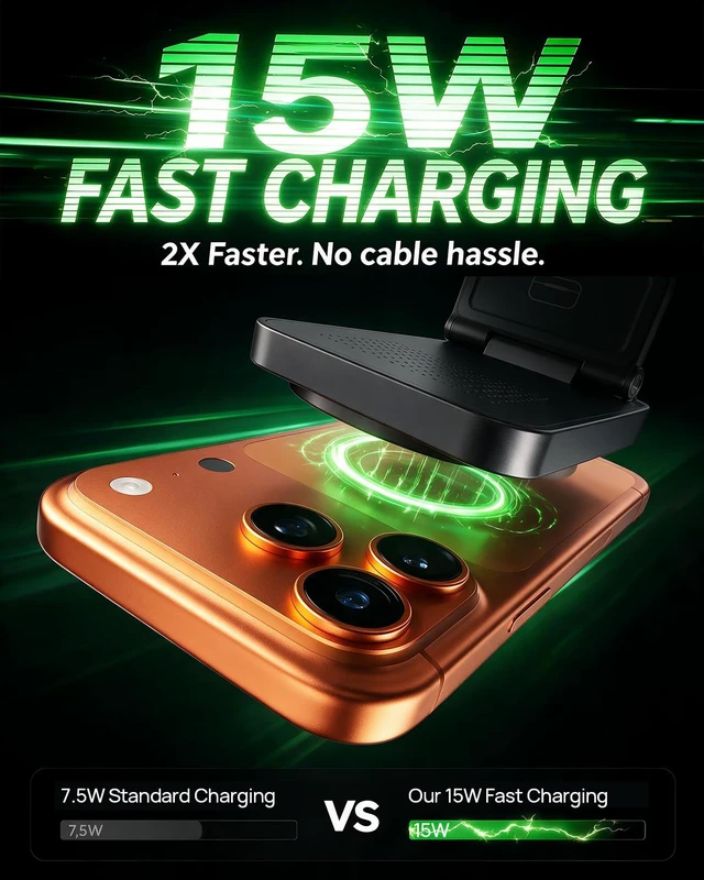 Alt view image 2 of 7 - 15W Travel Charging Station 3 in 1 for MagSafe, Fast Magnetic Wireless Charger Stand for iPhone 17 16 15 14, Foldable Phone and Watch Charging Dock for Apple Watch/AirPods (with 30W Adapter)
