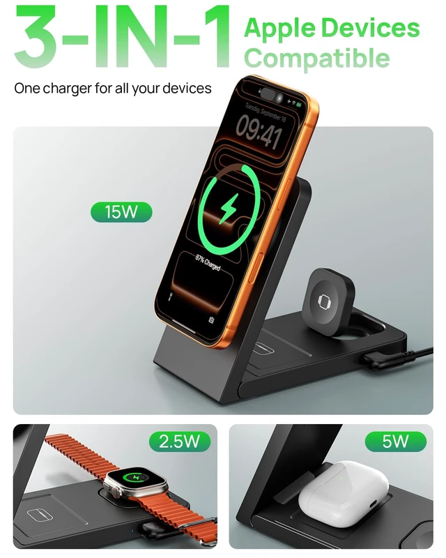Alt view image 5 of 7 - 15W Travel Charging Station 3 in 1 for MagSafe, Fast Magnetic Wireless Charger Stand for iPhone 17 16 15 14, Foldable Phone and Watch Charging Dock for Apple Watch/AirPods (with 30W Adapter)
