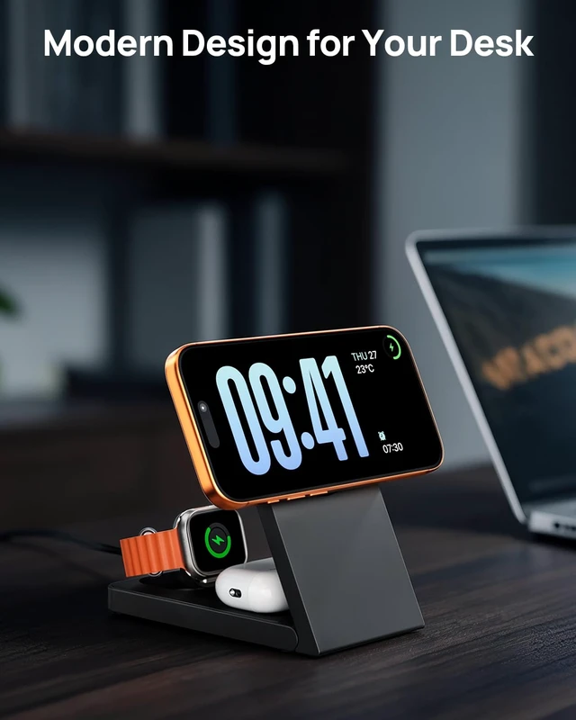 Alt view image 7 of 7 - 15W Travel Charging Station 3 in 1 for MagSafe, Fast Magnetic Wireless Charger Stand for iPhone 17 16 15 14, Foldable Phone and Watch Charging Dock for Apple Watch/AirPods (with 30W Adapter)