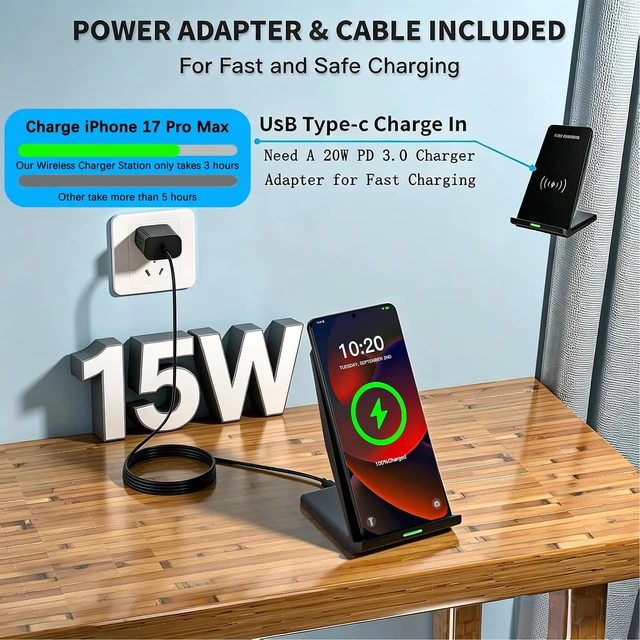 Alt view image 3 of 7 - Wireless Charger Station,15W Desk Wireless Charging Stand 20W USB C Adapter for Apple iPhone 17 Pro/17/17/Air/16 Pro/16E/16 Plus/15/14/13,Samsung Galaxy S25/S24/S23/S22/Z Flip Fold/Note 20,Google etc
