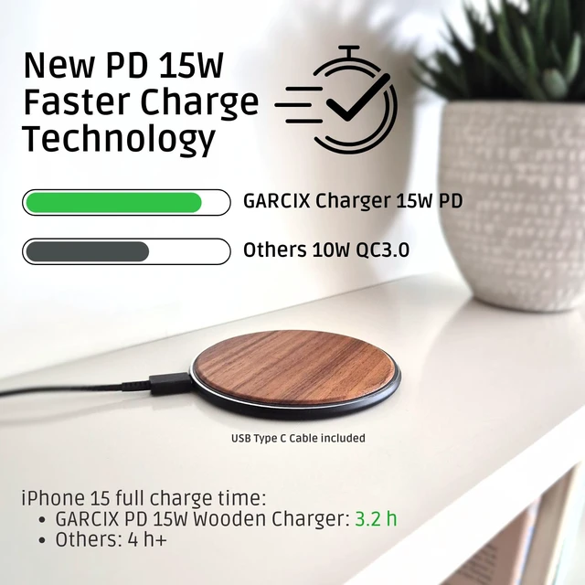 Alt view image 2 of 7 - 15W Wooden Wireless Charger | Stylish Design Qi Wireless Charger Station | USB Type C Cable | Compatible for iPhone 15 14 13 Pro MAX X Plus, Samsung Galaxy Ultra, Airpods