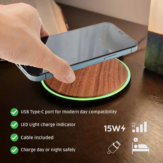 Alt view image 5 of 7 - 15W Wooden Wireless Charger | Stylish Design Qi Wireless Charger Station | USB Type C Cable | Compatible for iPhone 15 14 13 Pro MAX X Plus, Samsung Galaxy Ultra, Airpods