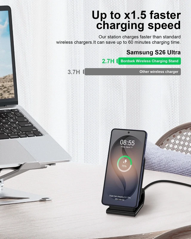 Alt view image 2 of 7 - Fast Samsung Wireless Charging Stand Android 15w Cordless Charger Station | For Galaxy S26+ S25 Ultra S24 S21 Fe S20 S10 S9 S8 , iPhone 18 17 Pro Max 16 15 Stand up Wire Less Charging Pad for Desk