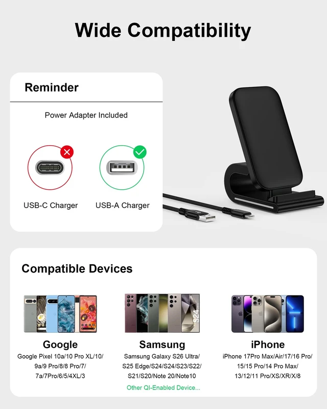 Alt view image 7 of 7 - Fast Samsung Wireless Charging Stand Android 15w Cordless Charger Station | For Galaxy S26+ S25 Ultra S24 S21 Fe S20 S10 S9 S8 , iPhone 18 17 Pro Max 16 15 Stand up Wire Less Charging Pad for Desk