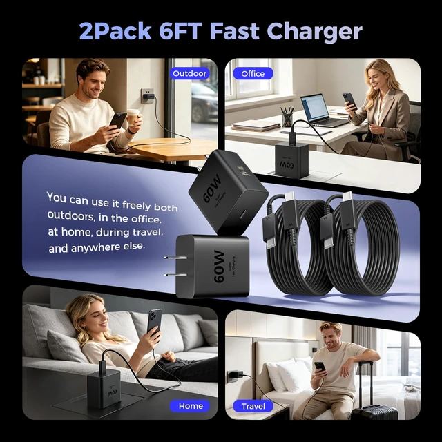 Alt view image 7 of 7 - 2 Pack 60w Super Fast USB C Charger, Type C Charger Fast Charging | PD 3.0 Charger Block & 6FT Type C Cord for Samsung Galaxy S26 Ultra / S26 / S25 / S24/S23 /iPhone 18/17/16/15, iPad, MacBook