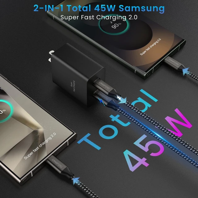 Alt view image 2 of 7 - 45W Super Fast Charger Type C, 2Port 45W USB-C Charger with 2X 6.6ft Cord | 2Pack 45 Watt Android Phone Charger Fast Charging, for Samsung Galaxy S26 Ultra/S26+/S25/S24 Ultra/S23+/S22/Note10+, Tab S9