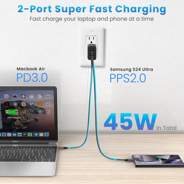 Alt view image 3 of 7 - 45W Super Fast Charger Type C, 2Port 45W USB-C Charger with 2X 6.6ft Cord | 2Pack 45 Watt Android Phone Charger Fast Charging, for Samsung Galaxy S26 Ultra/S26+/S25/S24 Ultra/S23+/S22/Note10+, Tab S9