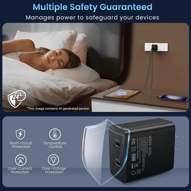 Alt view image 6 of 7 - 45W Super Fast Charger Type C, 2Port 45W USB-C Charger with 2X 6.6ft Cord | 2Pack 45 Watt Android Phone Charger Fast Charging, for Samsung Galaxy S26 Ultra/S26+/S25/S24 Ultra/S23+/S22/Note10+, Tab S9
