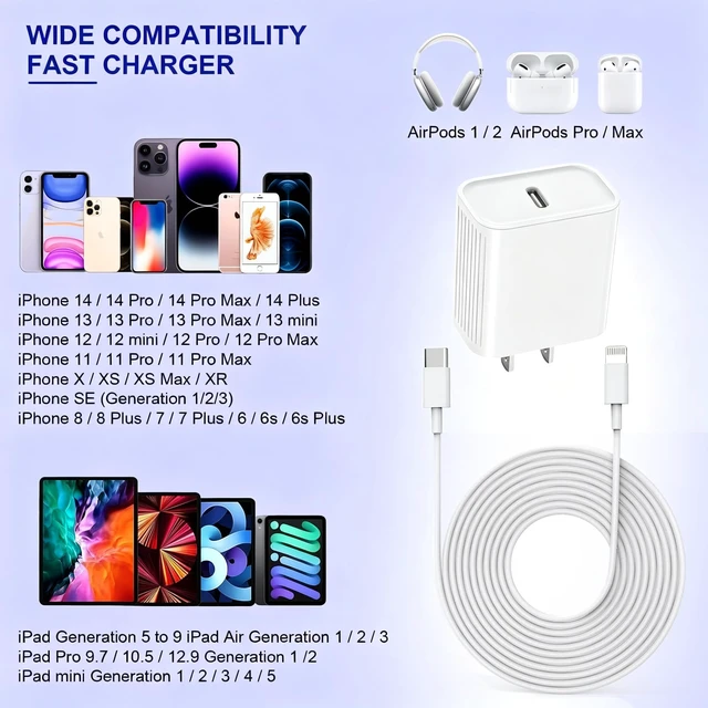 Alt view image 7 of 7 - 3Pack Extra Long 10FT iPhone Fast Charger,iPhone Charger Fast Charging Quick 10Foot USB C to Lightning Cable Cord Type C Fast Charging Block Wall Charger for iPhone 14/14 Pro/13/12 Mini/11/XS/X/iPad
