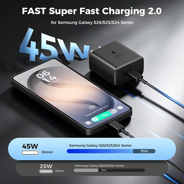 Alt view image 2 of 7 - 45W USB C Fast Charger 2-Pack,Type C Fast Charging Block with 6Ft Cable | for Samsung Galaxy S26 Ultra/S26/S26+/S25 Ultra/S24/S23/S22/S21/Note 10/iPhone 18/17/16/15 and More