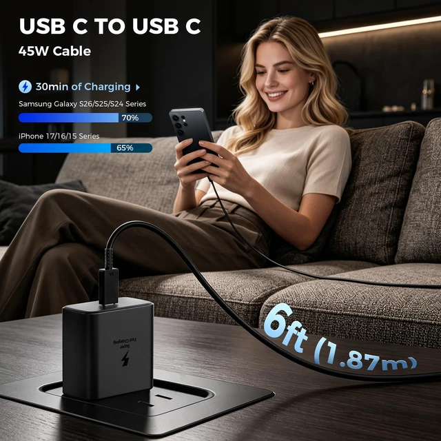 Alt view image 6 of 7 - 45W USB C Fast Charger 2-Pack,Type C Fast Charging Block with 6Ft Cable | for Samsung Galaxy S26 Ultra/S26/S26+/S25 Ultra/S24/S23/S22/S21/Note 10/iPhone 18/17/16/15 and More