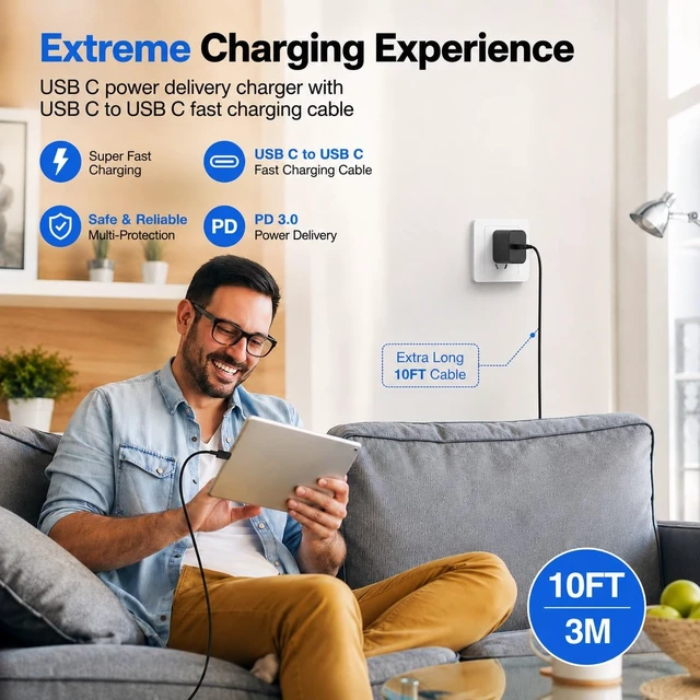Alt view image 3 of 7 - 2Pack USB C Super Fast Charger for Samsung S26 S25 Ultra with 10FT Cables | PD PPS Type C Wall Charger for Galaxy S26/S25/S24, iPhone 17/16/15 and iPad; includes 2 chargers and 2 x 10FT USB C cables