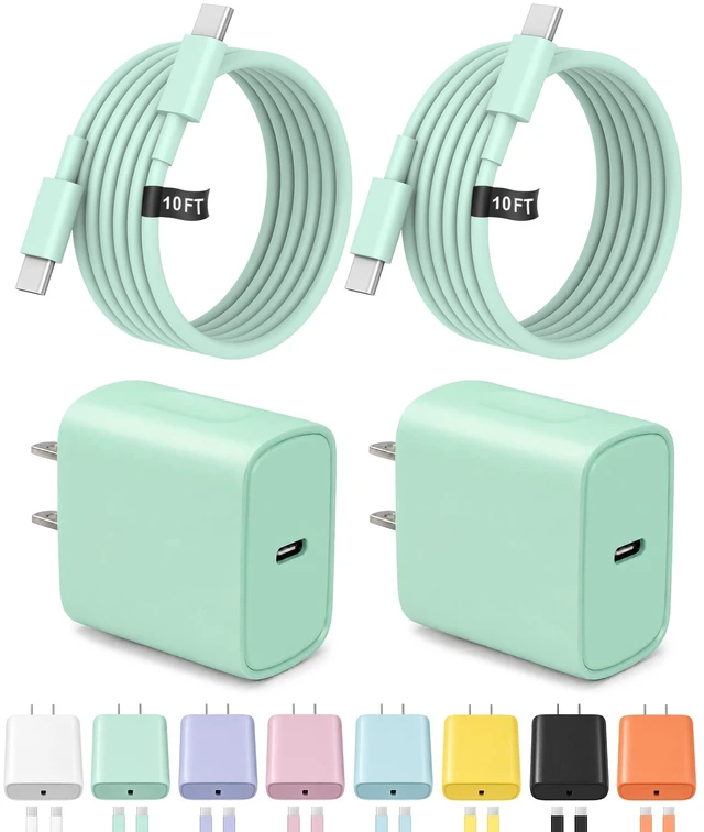 Main image of 10FT iPhone 18 17 16 15 Charger Fast Charging USB C Charger Block | for iPhones,iPads,Tablets,Android,2-Pack 20W iPhone Charger Type C Chagrer Fast Charging with Extra Long USB-C Cables(Green)