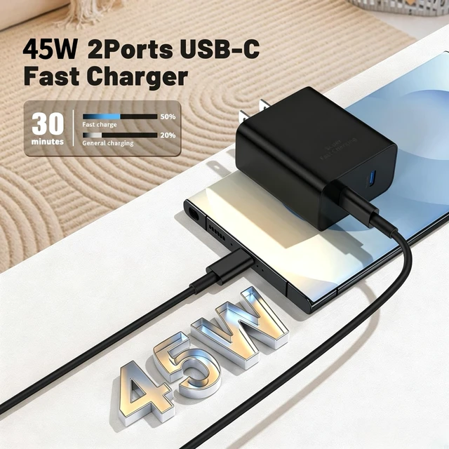 Alt view image 3 of 7 - 45W Dual Port Super Fast Charger with Long USB C to C Cable 10ft,Type C Wall Charger Block and Android Phone Charging Cord for Samsung Galaxy S26 Plus/S25 Ultra/S25+/S24+/S23+/S22+/S21/S20/Note 20/10+
