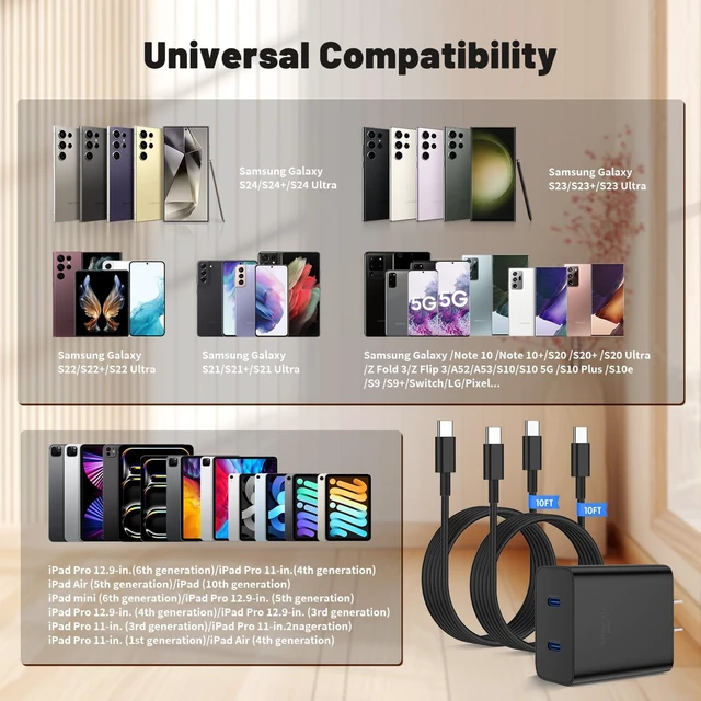 Alt view image 7 of 7 - 45W Dual Port Super Fast Charger with Long USB C to C Cable 10ft,Type C Wall Charger Block and Android Phone Charging Cord for Samsung Galaxy S26 Plus/S25 Ultra/S25+/S24+/S23+/S22+/S21/S20/Note 20/10+