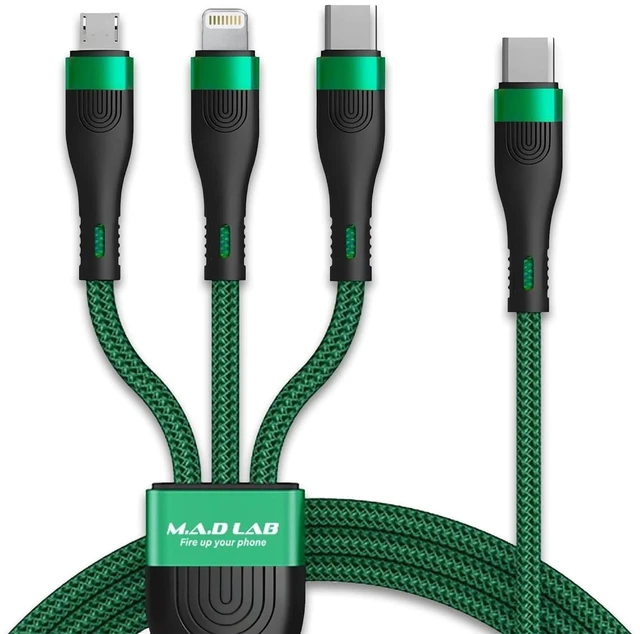 Main image of 100W USB-C Multi Charging Cable, 3-in-1 Nylon Braided, 4.3 ft | Multi charger cable: USB-C, Lightning and Micro-USB tips; up to 100W fast charge and 480Mbps data via USB-C connector only