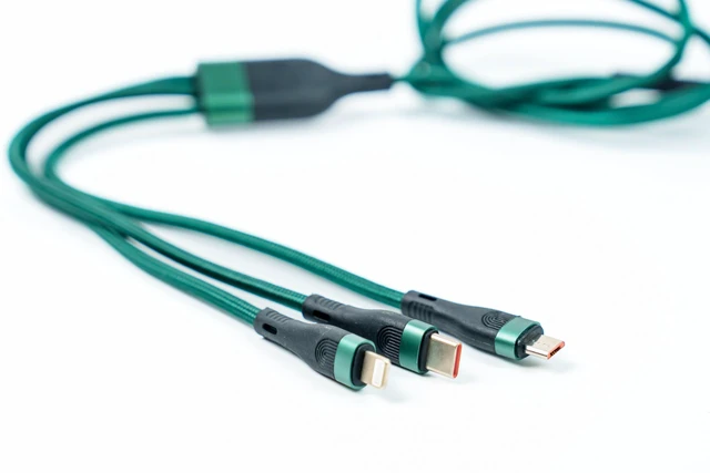 Alt view image 3 of 7 - 100W USB-C Multi Charging Cable, 3-in-1 Nylon Braided, 4.3 ft | Multi charger cable: USB-C, Lightning and Micro-USB tips; up to 100W fast charge and 480Mbps data via USB-C connector only