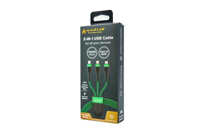 Alt view image 7 of 7 - 100W USB-C Multi Charging Cable, 3-in-1 Nylon Braided, 4.3 ft | Multi charger cable: USB-C, Lightning and Micro-USB tips; up to 100W fast charge and 480Mbps data via USB-C connector only