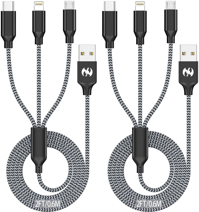 Main image of Multi Charging Cable 2ft 2Pack 3 in 1 Charger Cord, Short Multiple Cable | Nylon Braided USB Charging Multi Phone Charger Cord with Type C Micro Lightning for Apple iPhone17-5,Android Phones