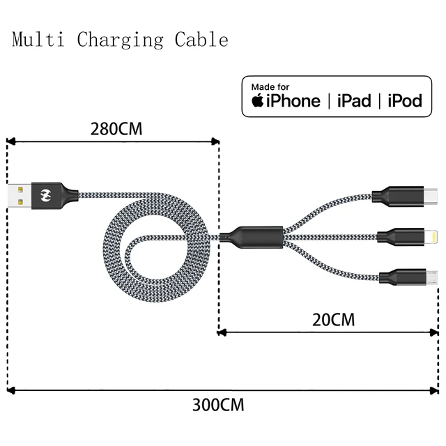 Alt view image 3 of 7 - Multi Charging Cable 2ft 2Pack 3 in 1 Charger Cord, Short Multiple Cable | Nylon Braided USB Charging Multi Phone Charger Cord with Type C Micro Lightning for Apple iPhone17-5,Android Phones