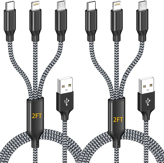 Main image of Multi Charging Cable 2Pack 2FT 3 in 1 Short Apple MFi Certified Cord | Nylon Braided Charger Cord Lightning USB-C Micro Universal Phone Charging Cable for iPhone5-14 and Android Devices