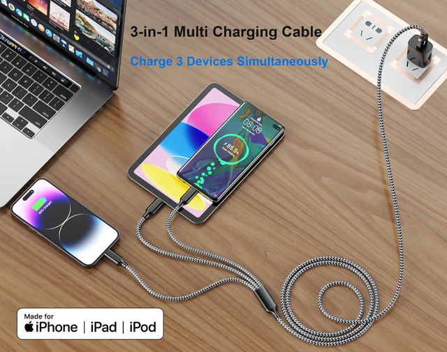 Alt view image 2 of 6 - Multi Charging Cable 6FT 2Pack 3 in 1 Long Apple MFi Certified Cable | Fast Charger Cord Lightning USB-C Micro Nylon Braided Universal Phone Charger for iPhone17-5 iPad Android Devices