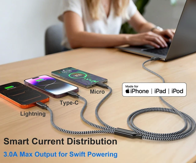 Alt view image 5 of 6 - Multi Charging Cable 6FT 2Pack 3 in 1 Long Apple MFi Certified Cable | Fast Charger Cord Lightning USB-C Micro Nylon Braided Universal Phone Charger for iPhone17-5 iPad Android Devices