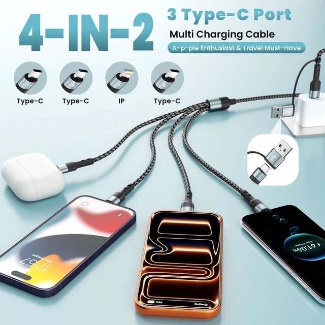 Alt view image 2 of 7 - Multi Charging Cable Travel Essentials,4 in 2 USB C Charging Cable 1Pack 5F | Braided Micro USB Cable Phone Charger with 3C/IP, for Cell Phones/PS/Tablets, Cruise Essentials Travel Car Accessories