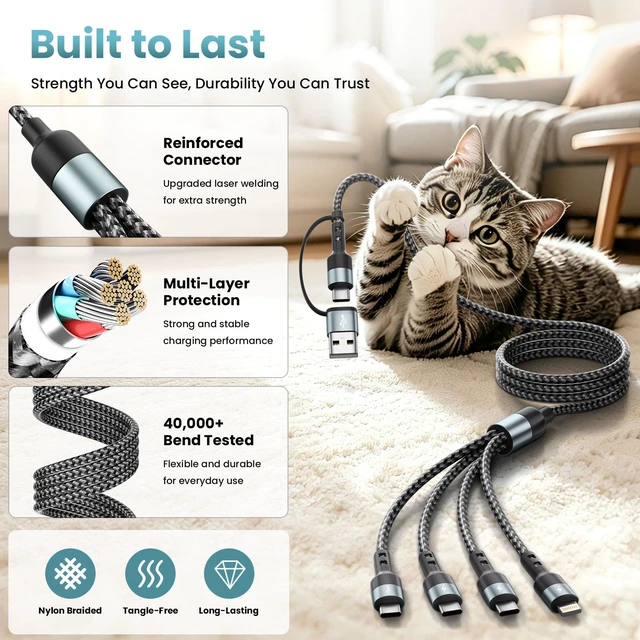 Alt view image 5 of 7 - Multi Charging Cable Travel Essentials,4 in 2 USB C Charging Cable 1Pack 5F | Braided Micro USB Cable Phone Charger with 3C/IP, for Cell Phones/PS/Tablets, Cruise Essentials Travel Car Accessories