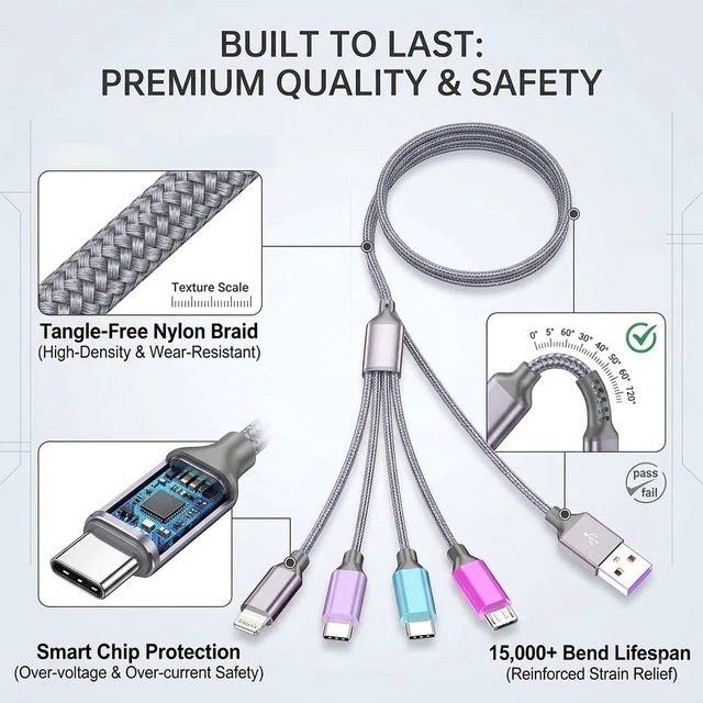 Alt view image 4 of 7 - 4 in 1 Multi Charging Cable 4ft 2 Pack,Braided MFi Certified Charger Cable | Nylon Braided iPhone Charger,Universal Phone Cord with Type-C,Micro USB,IP for iPhone17-5/Android