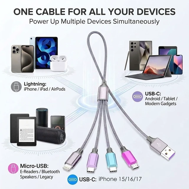 Alt view image 2 of 7 - 4 in 1 Multi Charging Cable 4ft 2 Pack,Braided MFi Certified Charger Cable | Nylon Braided iPhone Charger,Universal Phone Cord with Type-C,Micro USB,IP for iPhone17-5/Android
