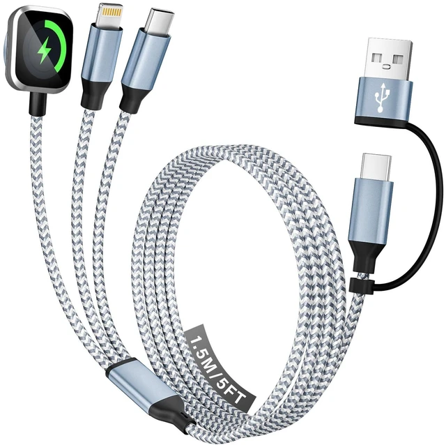 Main image of Travel Essentials 3 in 2 Multi Charging Cable for iWatch Charger/iPhone17-8 | USB A/C Charging Cords for Multiple Devices, Nylon Braided Universal Charger for Home/Travel/Cruise, Car Accessories-5FT
