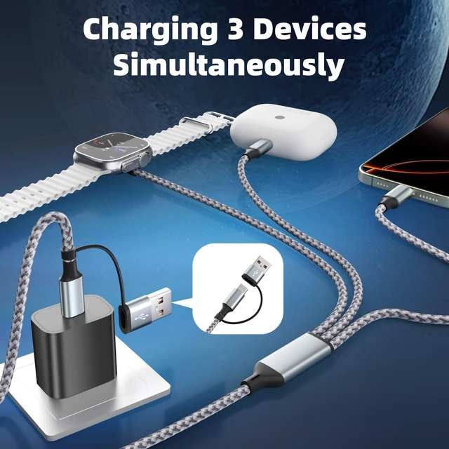Alt view image 2 of 5 - Travel Essentials 3 in 2 Multi Charging Cable for iWatch Charger/iPhone17-8 | USB A/C Charging Cords for Multiple Devices, Nylon Braided Universal Charger for Home/Travel/Cruise, Car Accessories-5FT