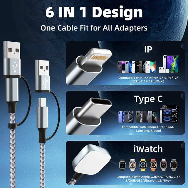 Alt view image 3 of 5 - Travel Essentials 3 in 2 Multi Charging Cable for iWatch Charger/iPhone17-8 | USB A/C Charging Cords for Multiple Devices, Nylon Braided Universal Charger for Home/Travel/Cruise, Car Accessories-5FT