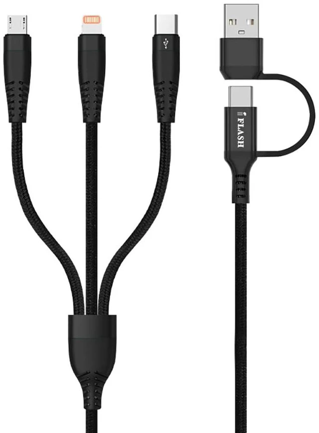 Main image of 3in1 Multi Port Charging Cable, Nylon Braided Charger Cords, 3 in 1 MicroUSB, Type C Fast Charger Cable for Smartphone iPhones XS MAX X XR Galaxy S20 S10 S8 S Plus (Black, 1.5FT)